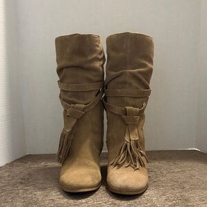 Tahari Brown Suede Fringe Heeled Boots